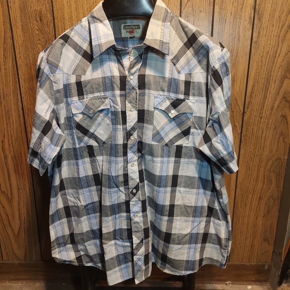 Youngblood Western Blue and Black Plaid Button Down Shirt Pearl Snaps 80s 2XL